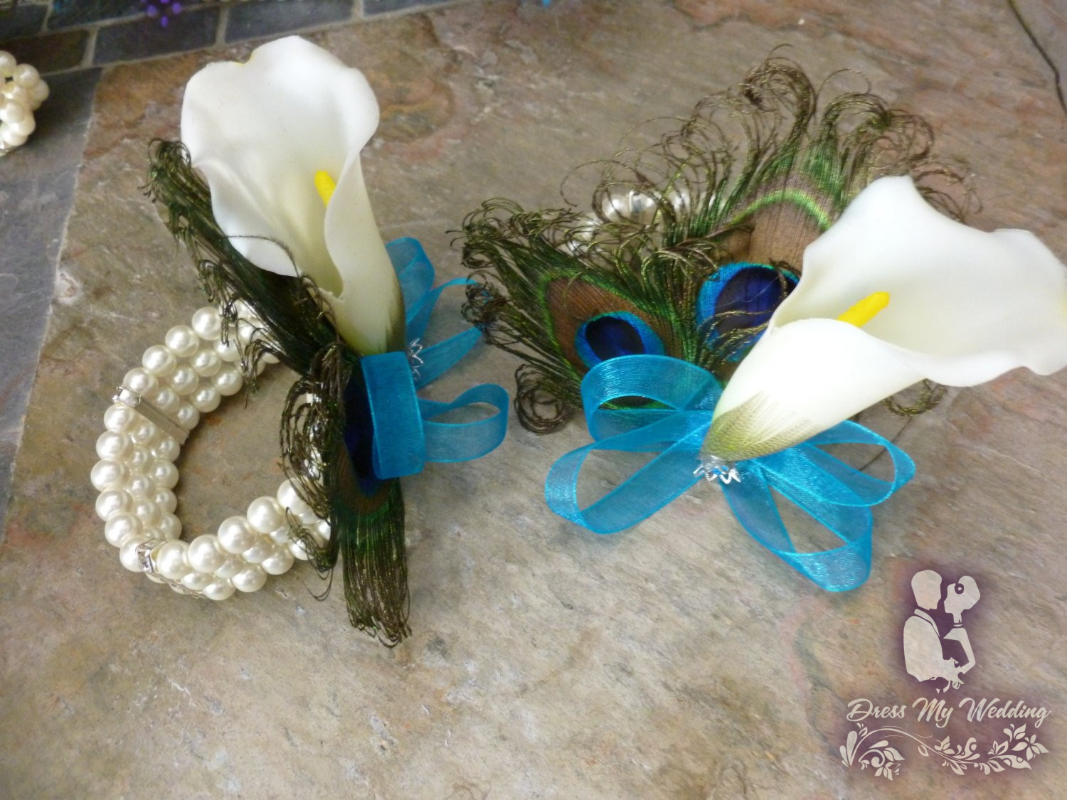 Dress My Wedding Calla lily wrist corsage with pearl bracelet