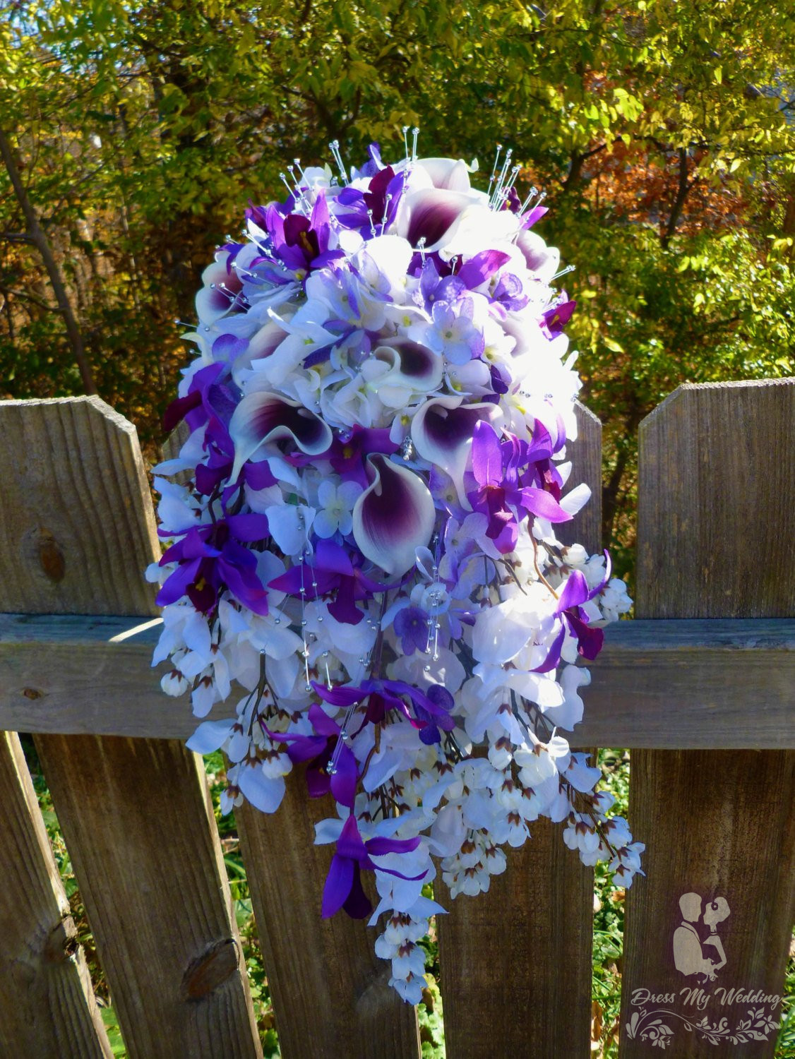 Dress My Wedding – Cascading bridal bouquet with purple, plum, lavender