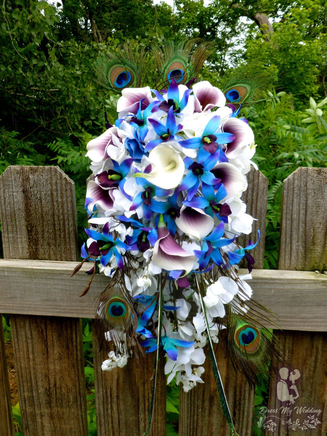 Dress My Wedding Cascading Purple Blue Dendrobium Orchid Bouquet Peacock Feathers