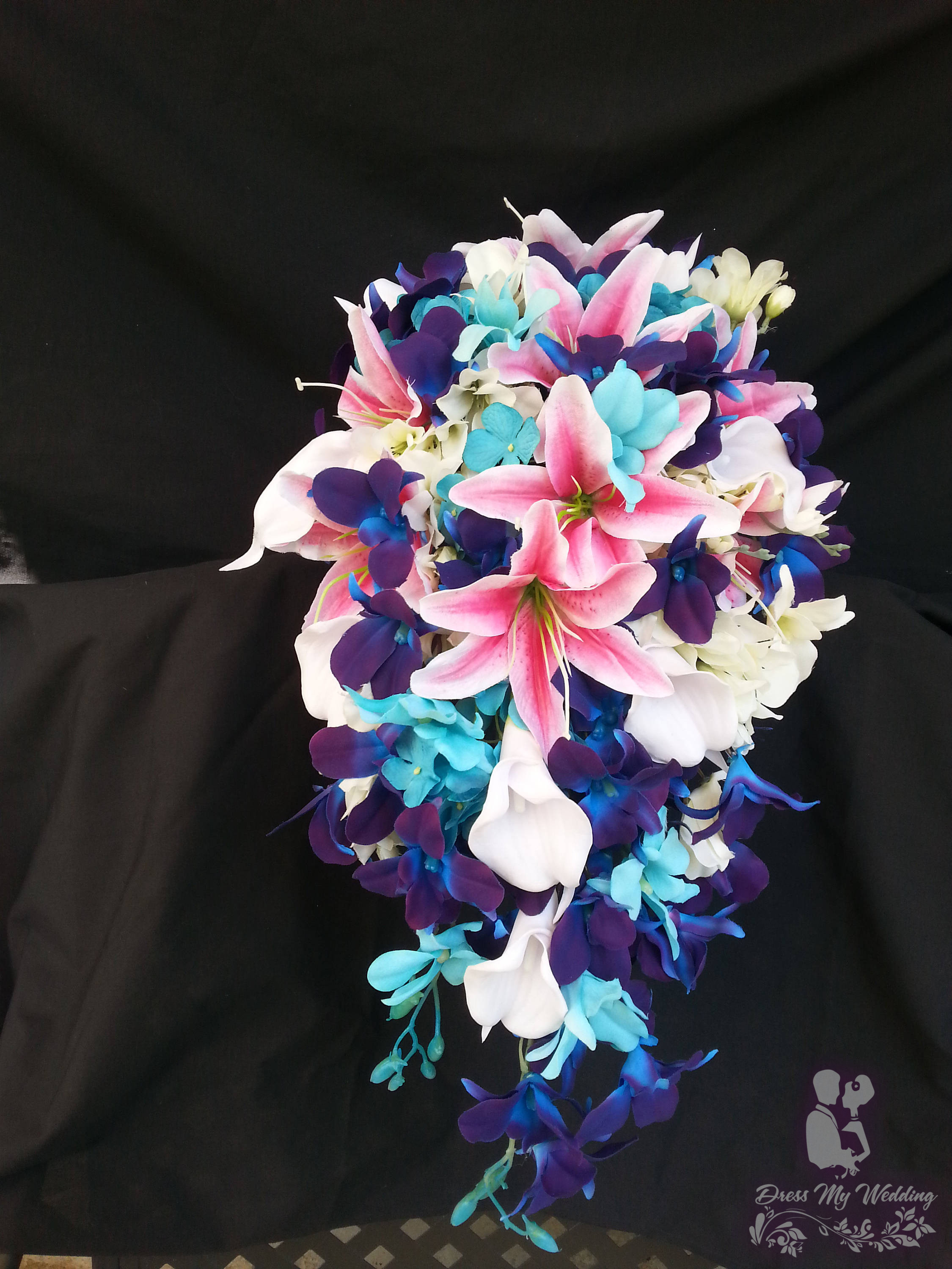 Dress My Wedding Tiger lily and galaxy orchid bouquet with turquoise