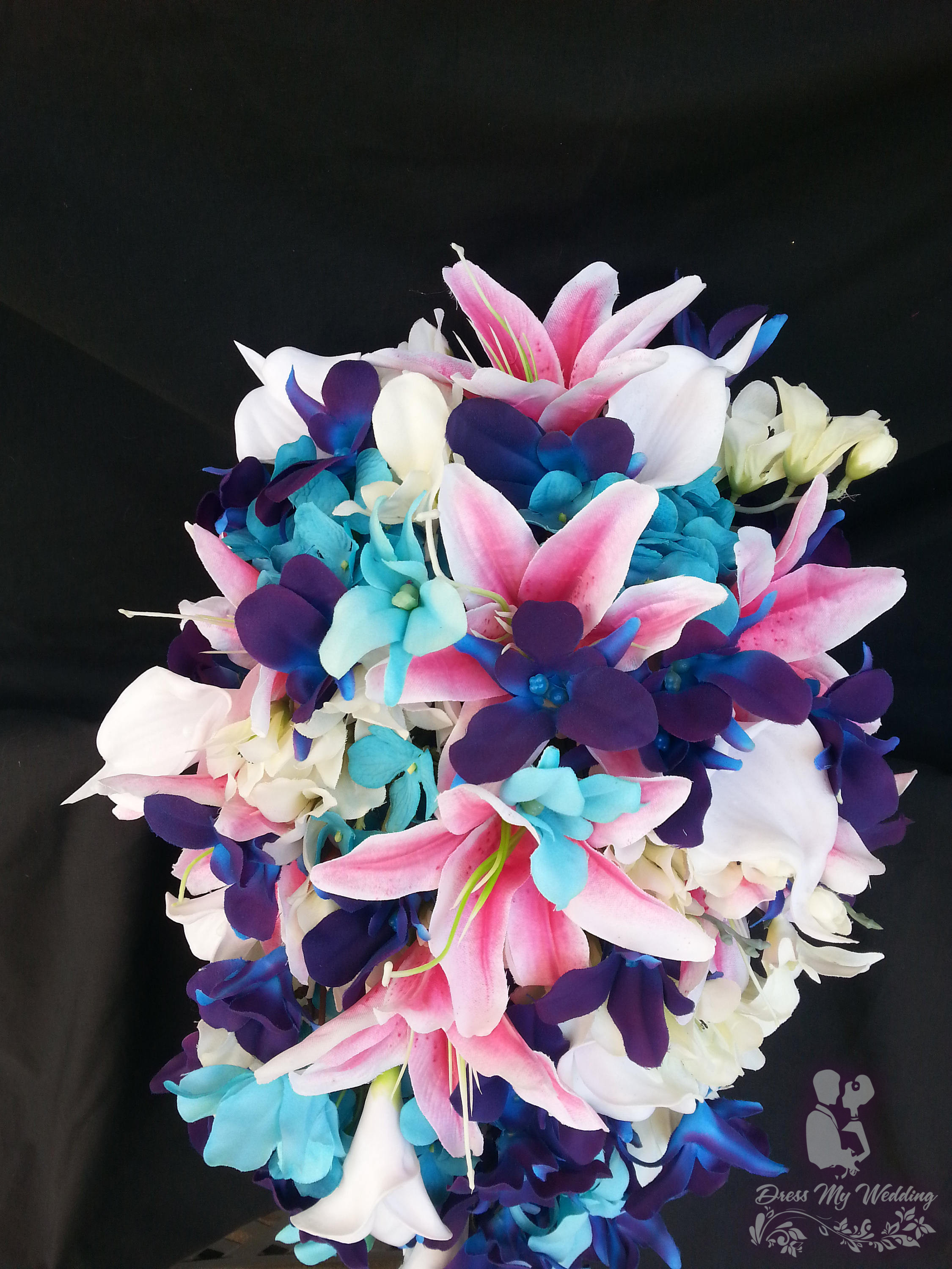 Dress My Wedding Tiger lily and galaxy orchid bouquet with turquoise
