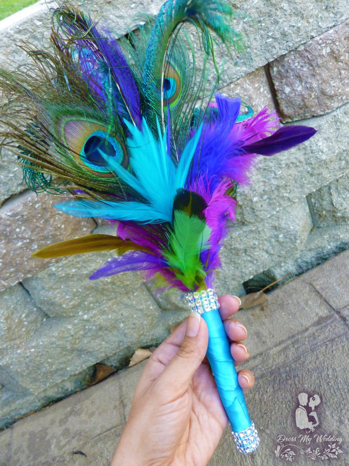 Dress My Wedding Feather Bouquet Peacock Feather Purple Blue