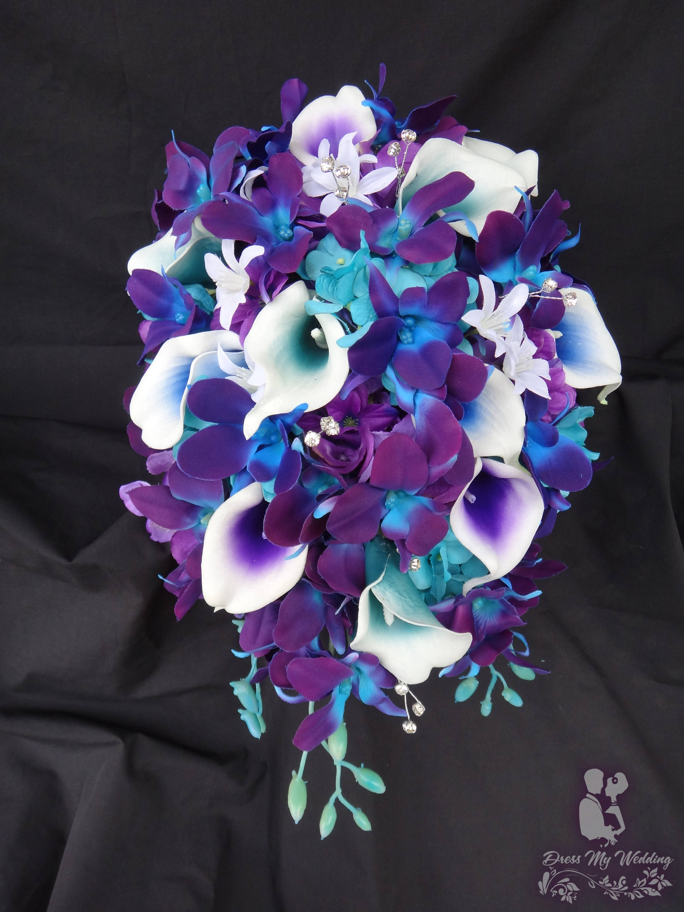 Dress My Wedding Galaxy Orchid Bridal Bouquet With Purple Teal And Blue Picasso Callas