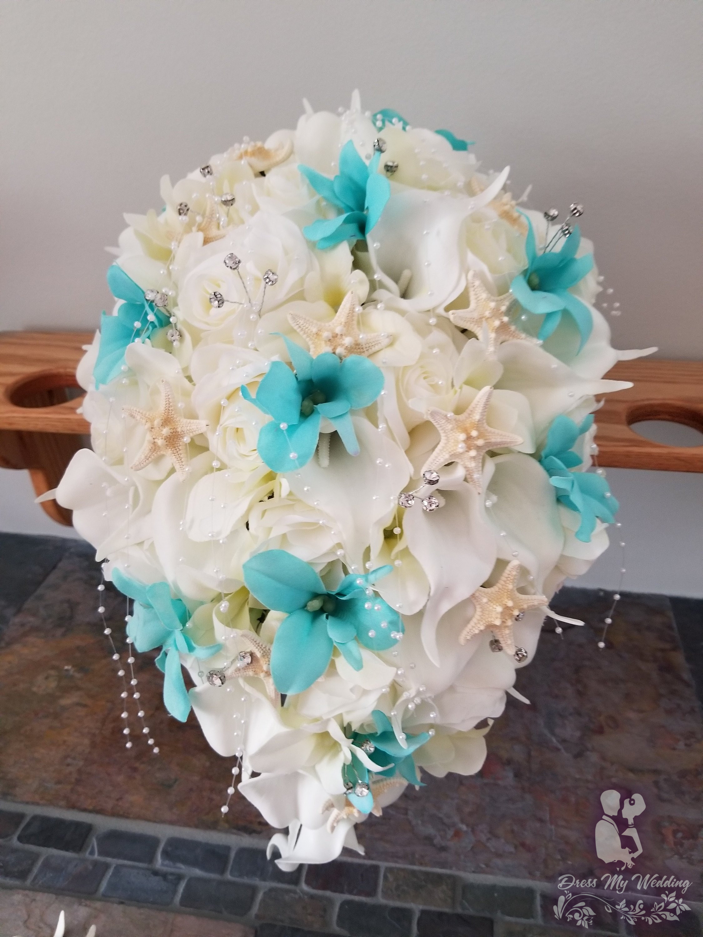 Dress My Wedding Ivory, aqua blue cascading bridal bouquet, calla