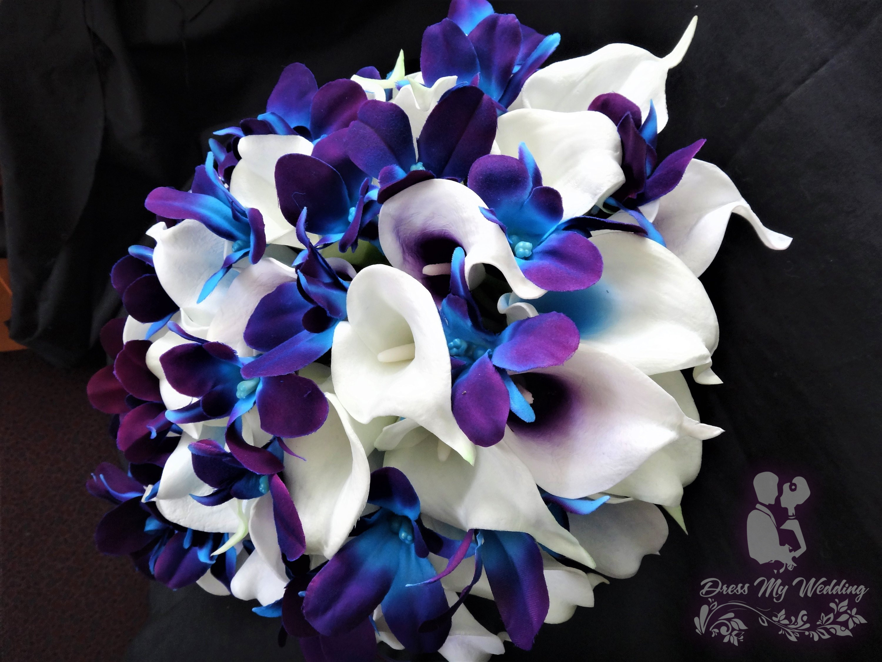 Dress My Wedding Real Touch Calla Lily Galaxy Orchid Purple Blue Orchid Bridal Bouquet