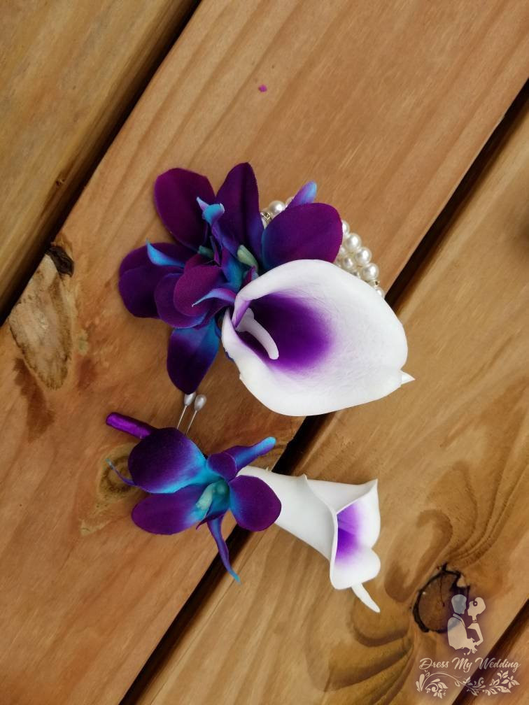 Dress My Wedding Galaxy orchid and calla lily wrist corsage and