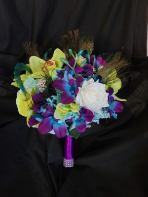 Galaxy and green cymbidium orchid, rose bridal bouquet with peacock feathers - Image 8