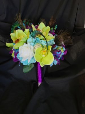 Galaxy and green cymbidium orchid, rose bridal bouquet with peacock feathers - Image 7