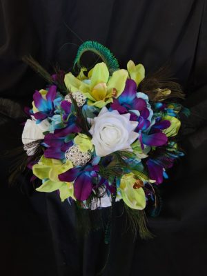 Galaxy and green cymbidium orchid, rose bridal bouquet with peacock feathers - Image 5