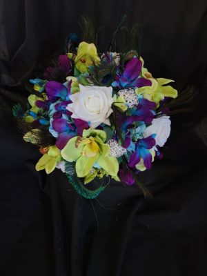 Galaxy and green cymbidium orchid, rose bridal bouquet with peacock feathers - Image 3