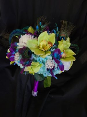 Galaxy and green cymbidium orchid, rose bridal bouquet with peacock feathers - Image 2
