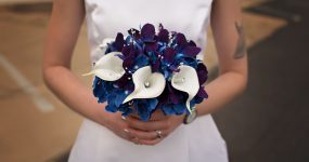 Galaxy orchid and calla lily bouquet