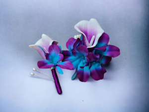 Galaxy orchid and calla lily wrist corsage and boutonniere set - Image 7