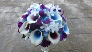 Purple blue galaxy orchid, purple picasso calla lily, blue picasso bridal bouquet, Stephanotis, turquoise - Image 3