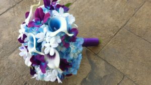 Purple blue galaxy orchid, purple picasso calla lily, blue picasso bridal bouquet, Stephanotis, turquoise - Image 4