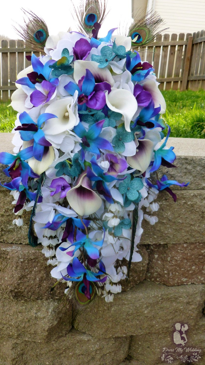 Dress My Wedding Cascading Blue Orchid Bouquet With Turquoise And Purple Accent