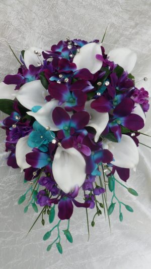 Galaxy orchid bridal bouquet, white real touch calla lilies - Image 6
