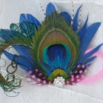 Peacock rhinestone feather hair piece, pink, blue feather hair clip,