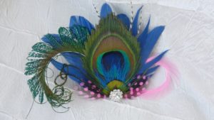 Peacock rhinestone feather hair piece, pink, blue feather hair clip,