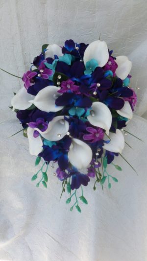 Galaxy orchid bridal bouquet with white calla lilies - Image 4