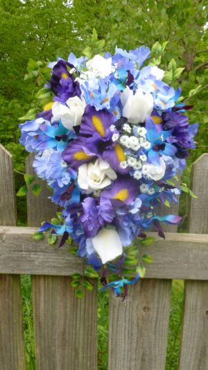 Cascading Iris and orchid bouquet with baby's breath - Image 2