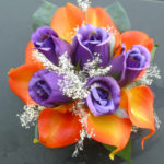 Real touch orange calla lily and silk purple rose bouquet with natural preserved baby's breath.