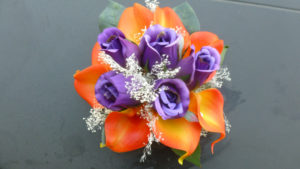 Real touch orange calla lily and silk purple rose bouquet with natural preserved baby's breath.