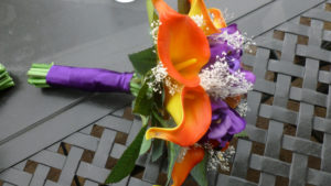 Real touch orange calla lily and silk purple rose bouquet with natural preserved baby's breath. - Image 2