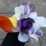Wrist corsage,purple and orange wrist corsage, Baltimore themed wrist corsage, purple and orange corsage, calla lily rose corsage