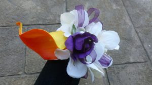 Wrist corsage,purple and orange wrist corsage, Baltimore themed wrist corsage, purple and orange corsage, calla lily rose corsage
