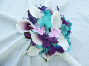 Turquoise galaxy orchid bridesmaids bouquet, small bouquet, cherry blossoms , real touch callas, turquoise hydrangeas, picasso callas