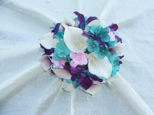 Turquoise galaxy orchid bridesmaids bouquet, small bouquet, cherry blossoms , real touch callas, turquoise hydrangeas, picasso callas - Image 4