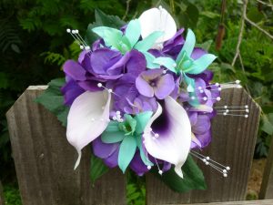 purple hydrangea calla lily small bridesmaids bouquet, mint orchids, pearl stems