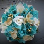 Turquoise, gold, chamapgne bridal bouquet with ivory roses, hydrangea bride bouquet, artificial flower bouquet, gold pearl accent