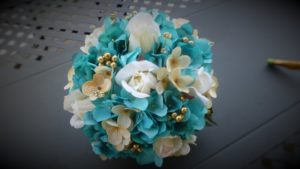 Turquoise, gold, chamapgne bridal bouquet with ivory roses, hydrangea bride bouquet, artificial flower bouquet, gold pearl accent