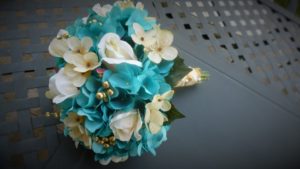 Turquoise, gold, chamapgne bridal bouquet with ivory roses, hydrangea bride bouquet, artificial flower bouquet, gold pearl accent - Image 3