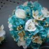 Turquoise, gold, chamapgne bridal bouquet with ivory roses, hydrangea bride bouquet, artificial flower bouquet, gold pearl accent - Image 2