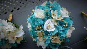 Turquoise, gold, chamapgne bridal bouquet with ivory roses, hydrangea bride bouquet, artificial flower bouquet, gold pearl accent - Image 2