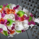 Ivory, orange, fuchsia, green bride bouquet, artificial flower bouquet, rose calla lily, orchid bouquet, teardrop bouquet, cascade