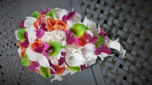 Ivory, orange, fuchsia, green bride bouquet, artificial flower bouquet, rose calla lily, orchid bouquet, teardrop bouquet, cascade