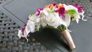 Ivory, orange, fuchsia, green bride bouquet, artificial flower bouquet, rose calla lily, orchid bouquet, teardrop bouquet, cascade - Image 5