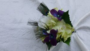 Small galaxy orchid, green hydrangea bouquet with ivory rose, purple blue orchid, toss away bouquet, bridesmaid bouquet - Image 2