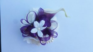 Wrist corsage plum Picasso calla, ivory, white hydrangeas, pearl wrsitlet, bridesmaids wrist corsage, prom, real touch artificial flowers - Image 2