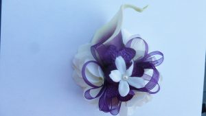 Wrist corsage plum Picasso calla, ivory, white hydrangeas, pearl wrsitlet, bridesmaids wrist corsage, prom, real touch artificial flowers - Image 4