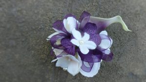 Wrist corsage plum Picasso calla, ivory, white hydrangeas, pearl wrsitlet, bridesmaids wrist corsage, prom, real touch artificial flowers