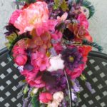 Pink, coral, sangria, plum purple cascading bouquet, peacock feathers, bridal teardrop bouquet