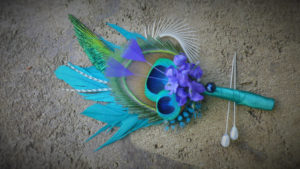Peacock Boutonniere, teal and purple feather boutonniere