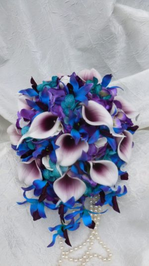 Purple, teal, blue bridal bouquet, purple blue orchids, picasso calla, teal purple hydrangea bouquet, bridal bouquet - Image 4