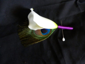 Real touch Calla lily and peacock bridal bouquet, groom's boutonniere, white calla lilies, orchids, peacock feathers, teal satin ribbon - Image 5