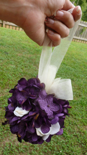 Flower girl kissing ball, plum purple kissing ball, artificial flowers, pomander